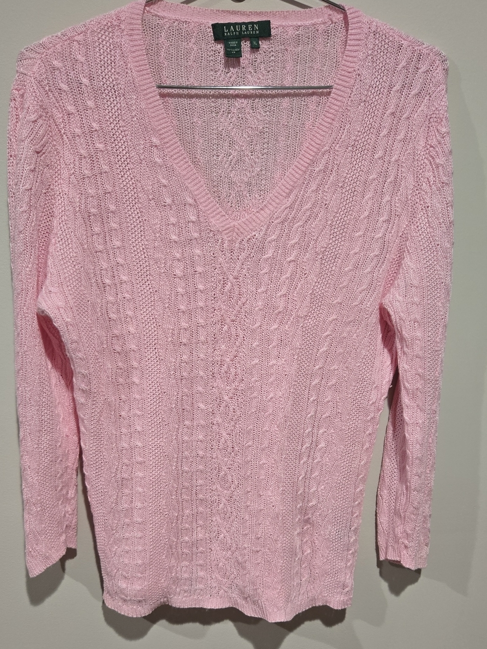 Lauren Ralph Lauren Light Pink Cable-Knit V-Neck Sweater XL